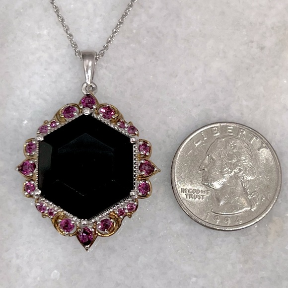 Black Tourmaline Rhodolite Garnet 14K YG Sterling Silver Pendant Necklace - Picture 13 of 13
